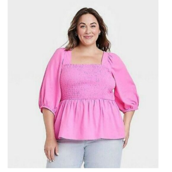 218 Ava & Viv Pink Smocked Peplum Blouse – Puff Sleeve Square Neck Top - Picture 1 of 3